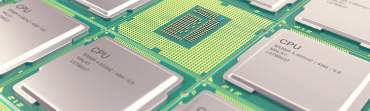 Modern central computer processors CPU, industry concept close-up view with depth of field effect.