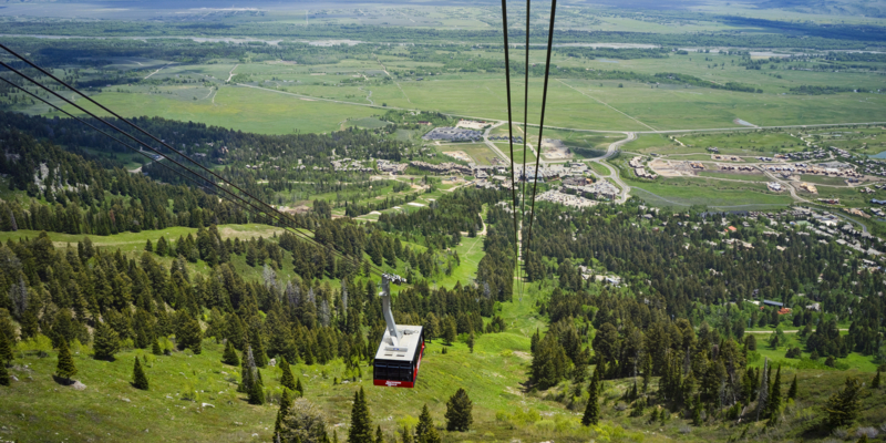 Aerial Tram with Jackson Hole valley and Teton Village below