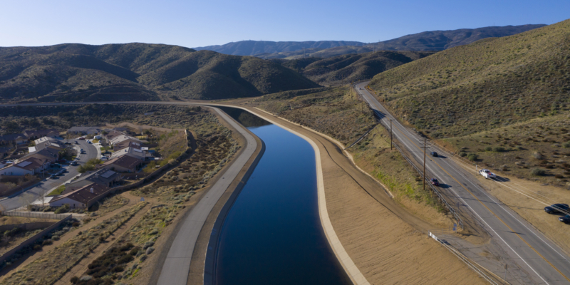 The California Aqueduct flows in Palmdale, California, near Godde Hill Road.