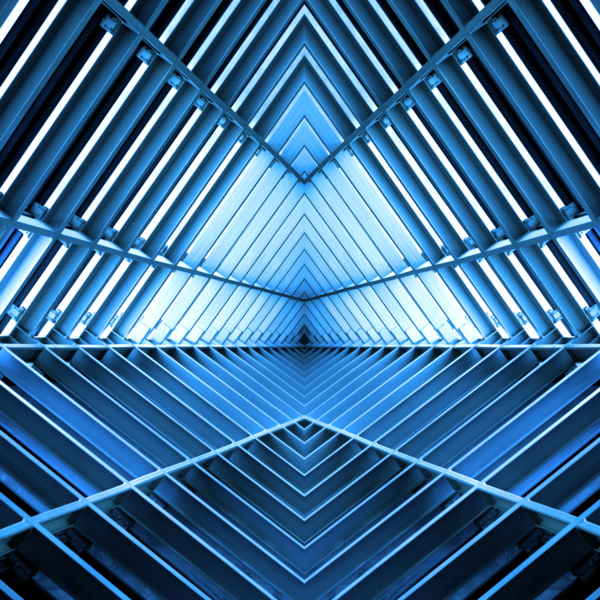 metal structure similar to spaceship interior in blue light