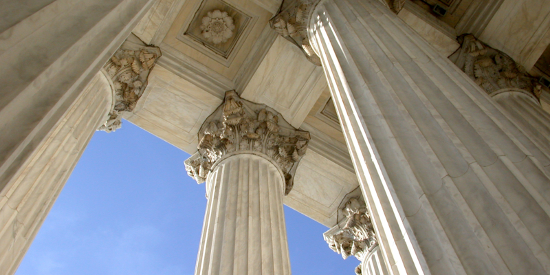 A perspective view of columns outside the US supreme court.