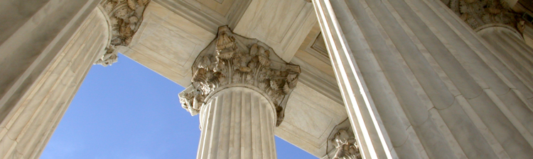 A perspective view of columns outside the US supreme court.