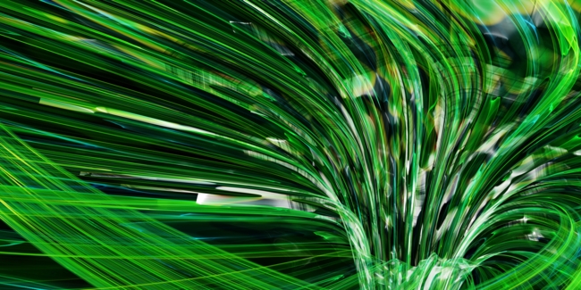 3D rendering of green curved shapes depicting speed and vitality