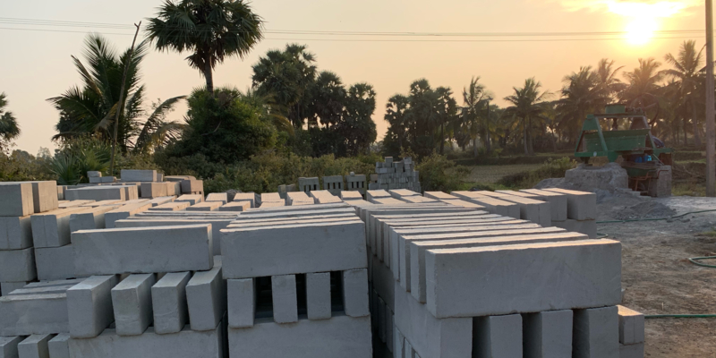 Light weight Cement bricks for house construction, sunset background